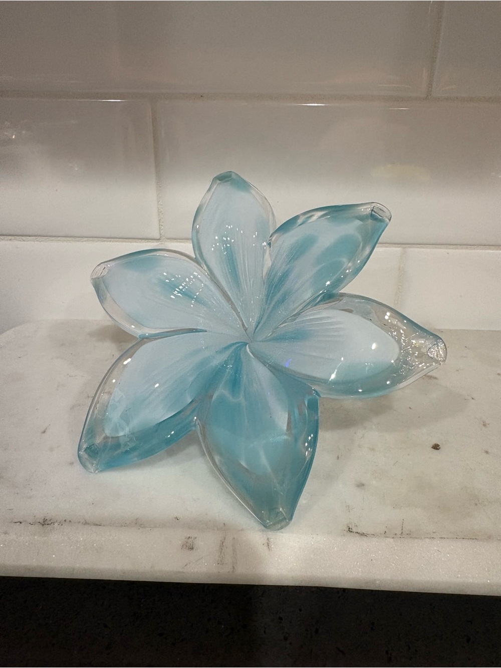 Blue Glass Flower Sculpture Decorative Accent
